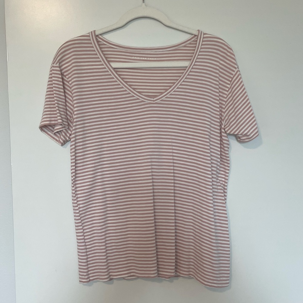 American Eagle Pink Striped V-Neck Tee